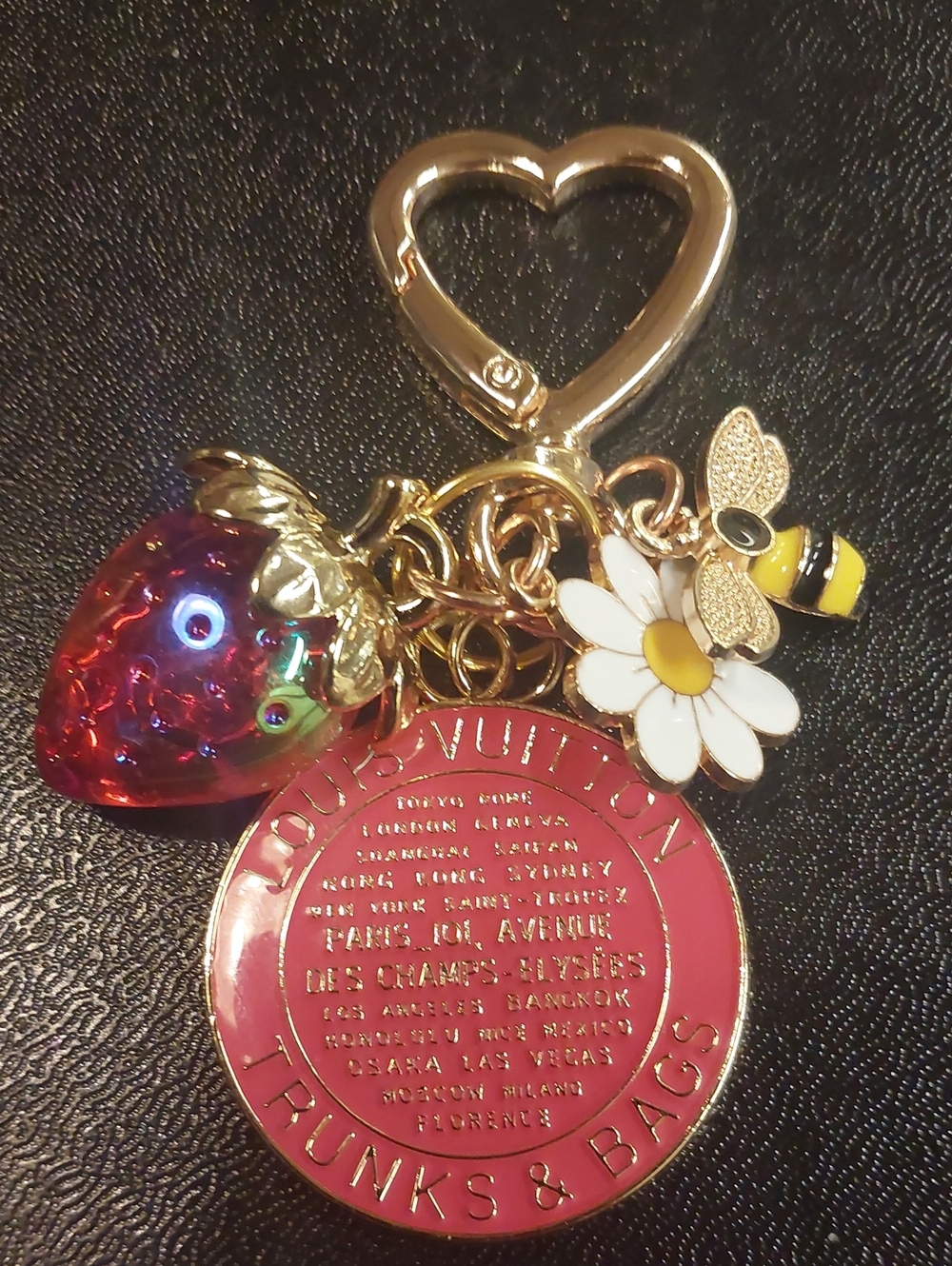 LV Red Enamel Trunks & Bags Charm Keychain with Iridescent Strawberry & Daisy